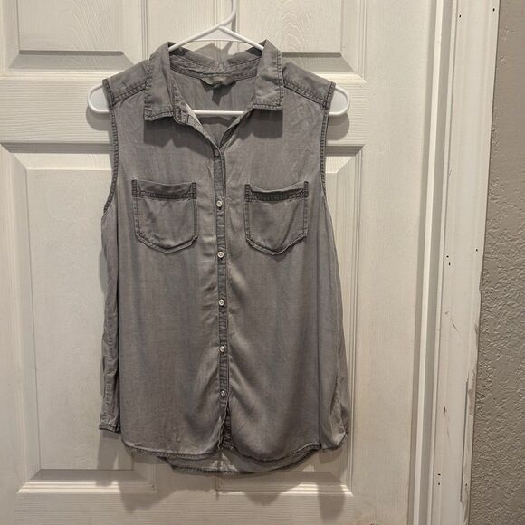 Rubbish Button Up Collared Sleeveless Shirt Gray Womens Size Large Beachy Summer - Picture 1 of 7
